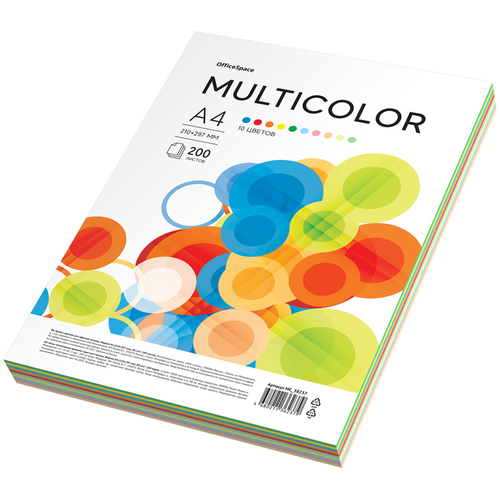 Бумага цветная OfficeSpace "Multicolor", A4, 80 г/м², 200л., (10 цветов)/10色彩色纸A4-80g（200张）