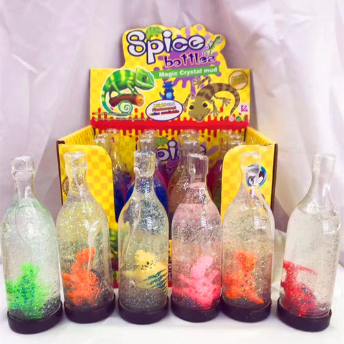 Жидкий лизун с блестками в бутылке 4×13см/水晶泥-漂流瓶（恐龙）